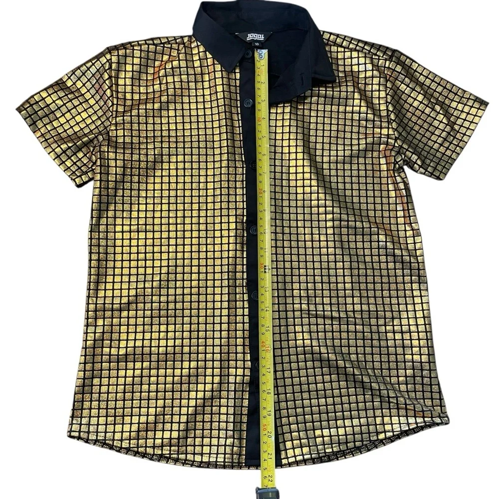Boys Gold Grid Short-Sleeve Button-Down Shirt with Black Trim size 10 FLASHY 🌟